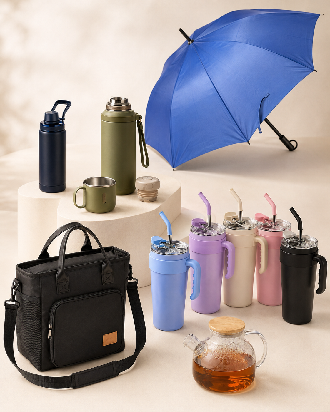 Composição de brindes corporativos com garrafas, copos, bolsa térmica, bule e guarda-chuva